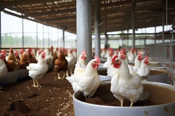 Feeding poultry in a farm. Generative AI