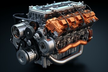 3D rendering of a powerful inline-six turbo petrol engine. Generative AI