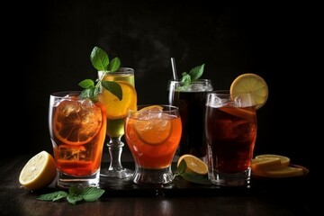 Mixed drinks with ice: Aperol Spritz, Mojito, Whiskey Cola, Caipirinha. Generative AI