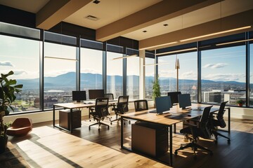Contemporary workspace featuring shared workstations, meeting space, and a wide window offering a panoramic view. Generative AI