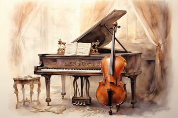 A stunning artwork in watercolor portraying a violin and a piano. Generative AI