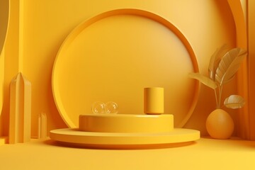 Yellow background, staged setting with podium for showcasing products. Digital 3D representation. Generative AI