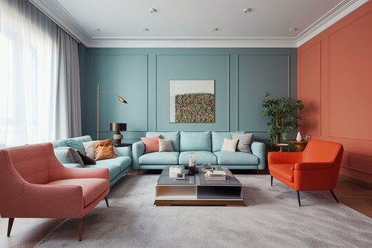 Spacious living room with colorful walls, sofa, and armchairs. Contemporary design. Generative AI