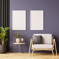 Mockup two frame in living room interior with purple empty wall, Generative AI 