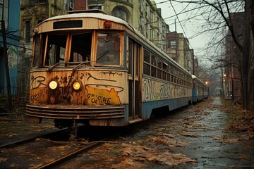 Decayed streetcar in an abandoned city. Generative AI