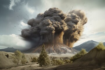 Illustration of large Yellowstone volcano eruption causing area damage and spewing far-reaching ash. Generative AI