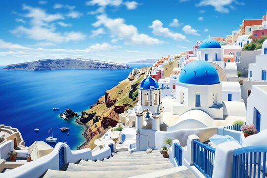 Charming Santorini town with white buildings and blue-domed churches, set against the stunning backdrop of the Aegean Sea. Generative AI