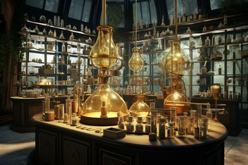 A virtual office for an alchemist, featuring laboratory elements. Generative AI