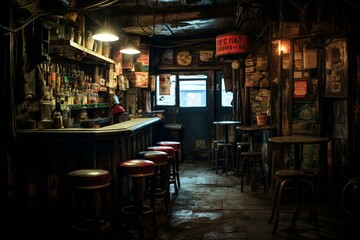 Dimly lit surroundings in a gritty dive bar. Generative AI