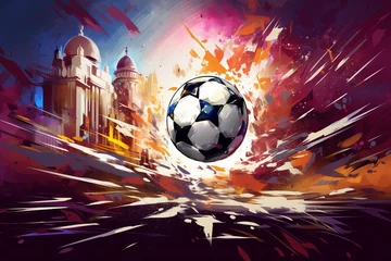 Fotobehang Abstract soccer artwork with a ball in Doha, Qatar. World Cup 2022. Digital illustration. Generative AI © Astraea
