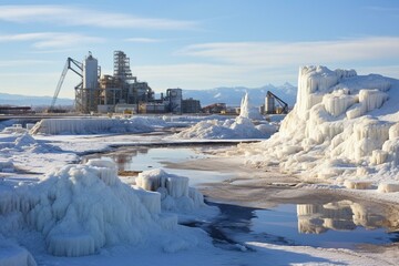 Salt Lake City landscape with salt mining factory, piles of white mineral and industrial equipment. Generative AI