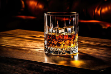 Glass of whiskey with ice on a wooden table in a bar