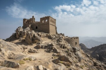 Ancient fortress on mountain. Photo in Al Bahah, Saudi Arabia. Generative AI