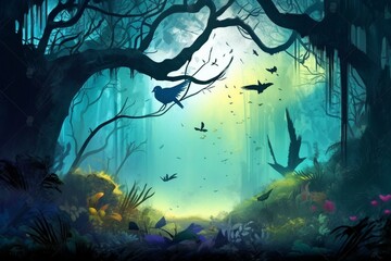 Magical forest with bird backdrop, digital artwork. Generative AI