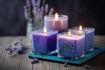 Fragrant lavender candles release purple and blue hues. Generative AI