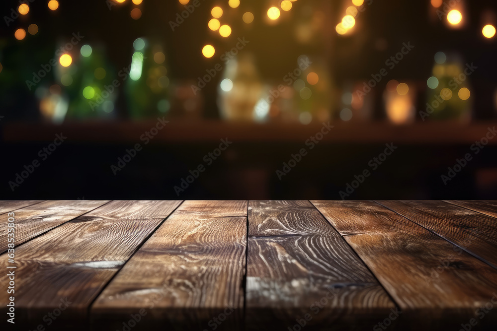 Poster empty wooden table and blurred background of bar with bokeh lights
