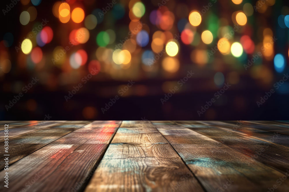 Aufkleber empty wooden table and blurred background of bar with bokeh lights