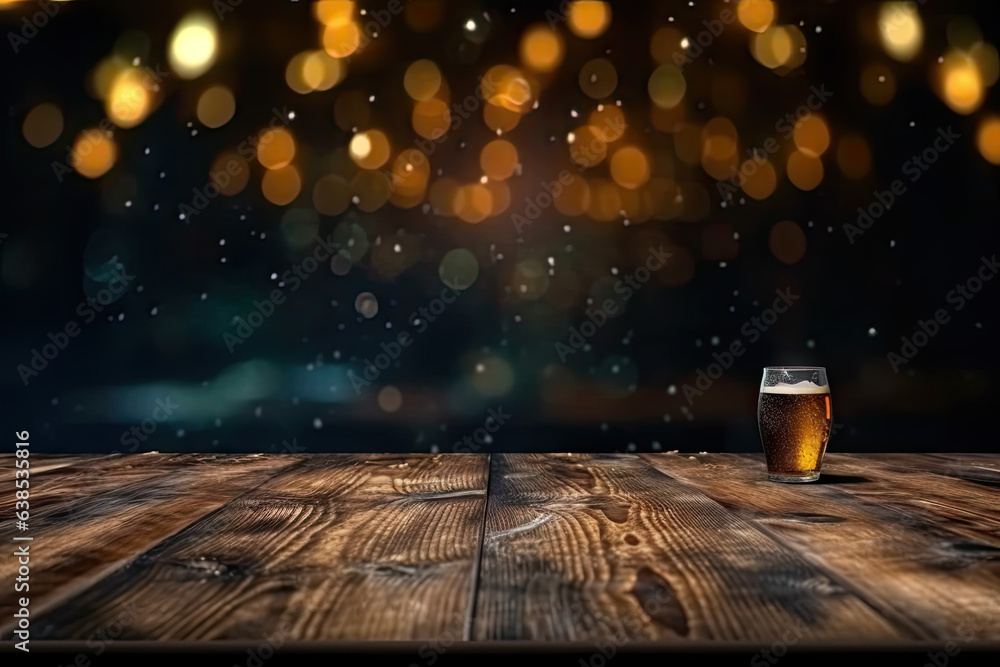 Poster empty wooden table and blurred background of bar with bokeh lights