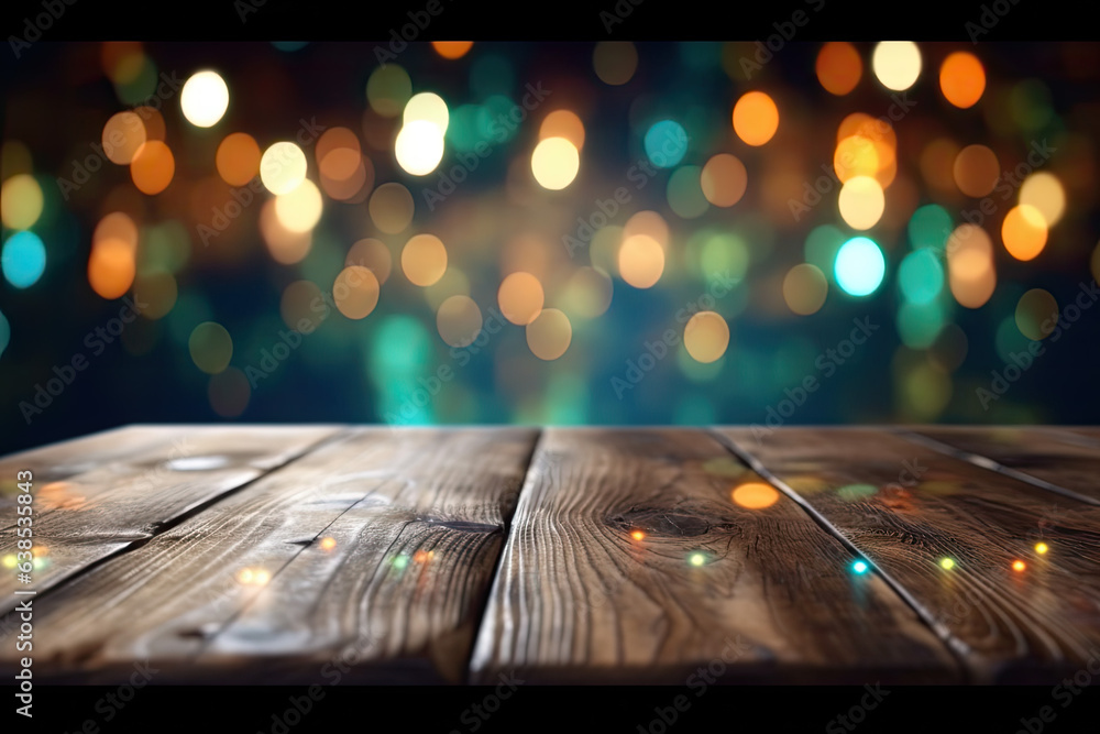 Poster empty wooden table and blurred background of bar with bokeh lights