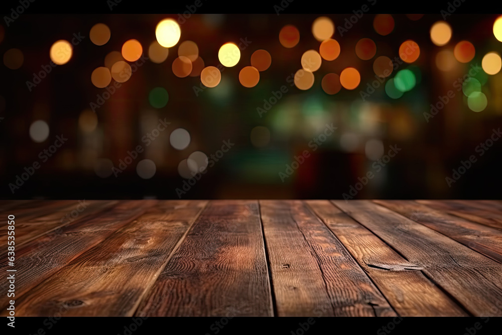 Poster empty wooden table and blurred background of bar with bokeh lights