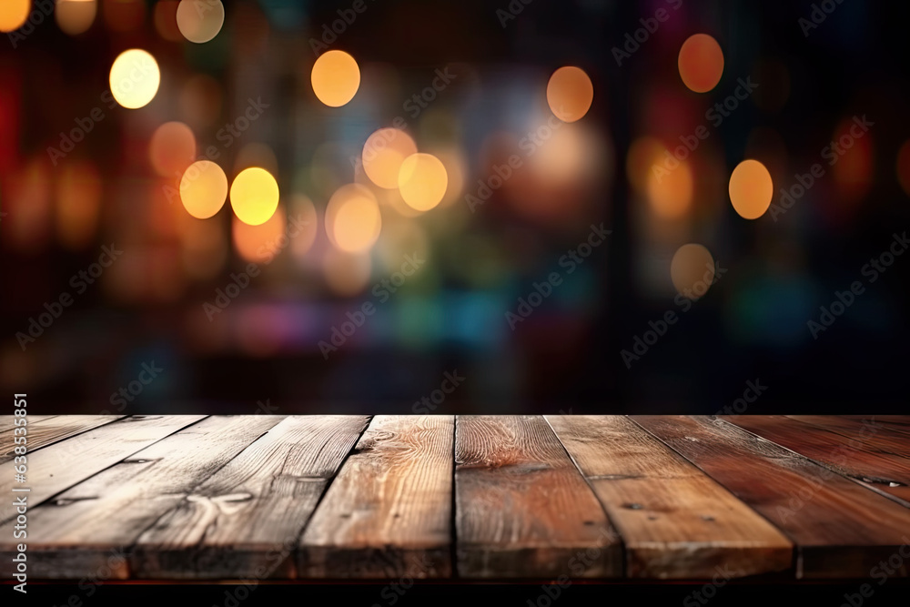 Aufkleber empty wooden table and blurred background of bar with bokeh lights