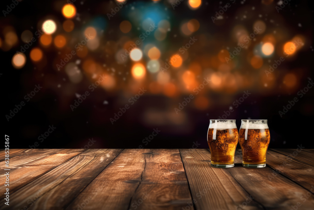 Poster empty wooden table and blurred background of bar with bokeh lights