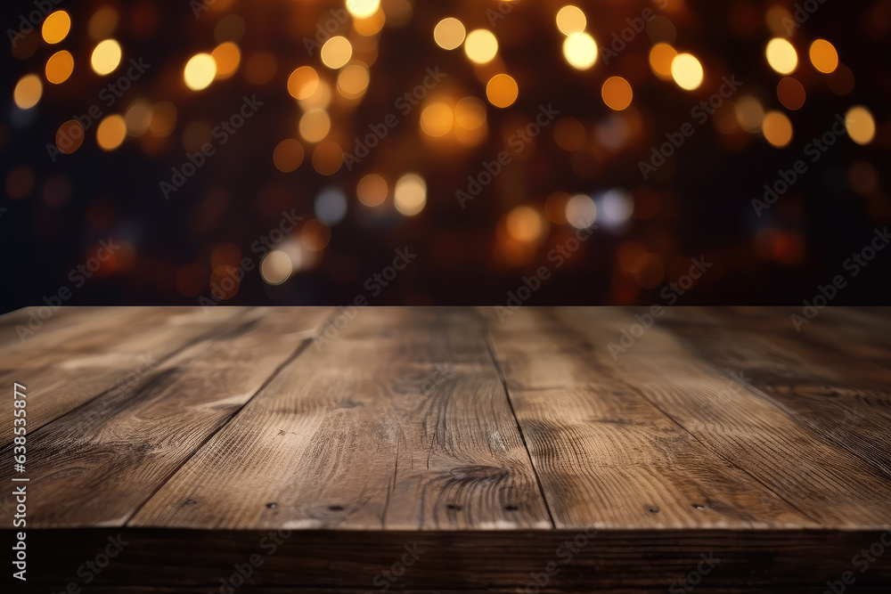 Poster empty wooden table and blurred background of bar with bokeh lights