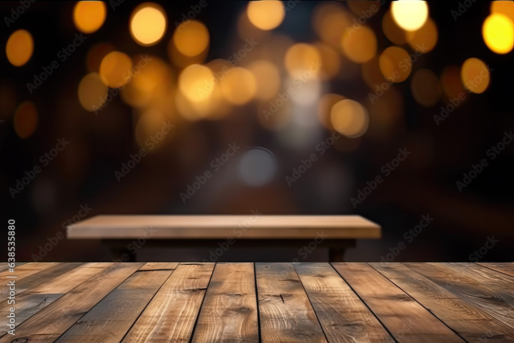 Poster empty wooden table and blurred background of bar with bokeh lights