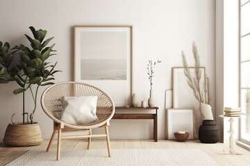 Simplistic coastal living room featuring a framed mockup, chair, decorations, and boho table in a 3D rendering. Generative AI