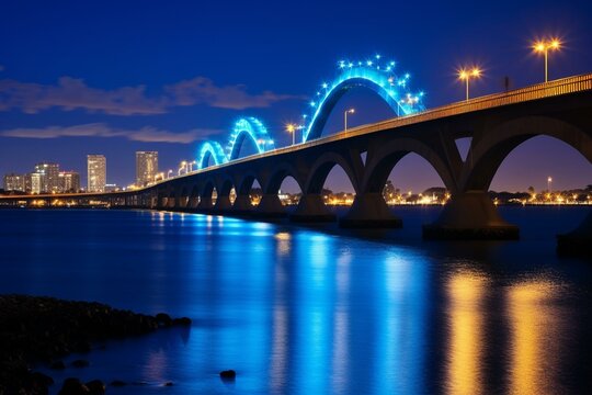 The city of Sarasota, FL lights up at dusk with the glowing blue Ringling Bridge. Generative AI
