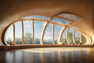 Interior with curved wooden windows. Generative AI