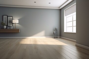 Simplistic room with gray wall and wooden floor. Rendered in 3D. Generative AI