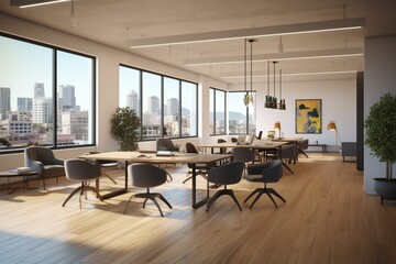Fototapeta na wymiar Contemporary collaborative workspace with spacious layout, wooden floors, urban details, and skyline scenery. Includes trendy furnishings and technology. Visualized through 3D rendering. Generative AI