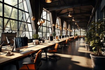 Industrial-style coworking space with computer-equipped workstations and desks. Generative AI