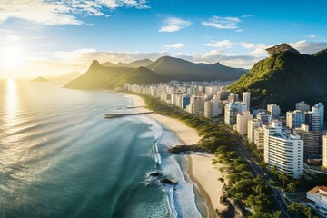 A beautiful aerial view of Rio de Janeiro's Lúcio Costa Avenue, Marapendi Lagoon, and Reserva Beach at sunrise on a bright day. Generative AI