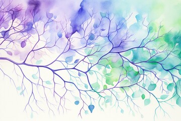 Fototapeta na wymiar Watercolor painting of purple and green neurons representing neurology and mental health. Generative AI