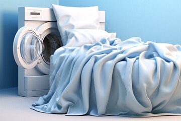 A washing machine with bed sheets and pillows, 3D rendered illustration. Generative AI - obrazy, fototapety, plakaty