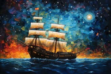 An oil painting of a pirate ship soaring through a starry sky, reminiscent of Peter Pan's fantastical dreams, depicted as an abstract fairytale illustration on a postcard. Generative AI