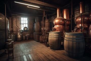 An image showing an old-fashioned whiskey distillery with copper stills, barrels, and containers. Generative AI - obrazy, fototapety, plakaty