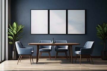 Mockup frame in modern dining room with dark blue chairs, marble table, wooden floor, and gray wall. Generative AI