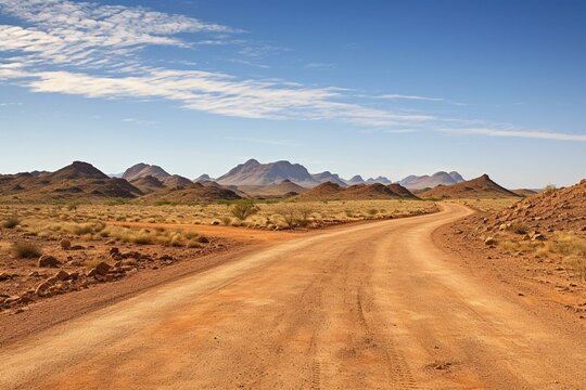 Namibian gravel road panoramic view in Africa. Generative AI © Anika