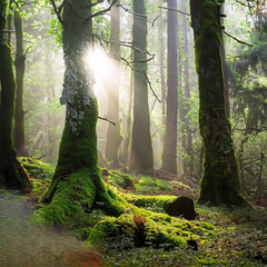 Enchanted forest: Sunlight filtering through misty trees, their trunks covered in vibrant moss, with an air of enchantment and hidden secrets.