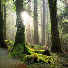 Enchanted forest: Sunlight filtering through misty trees, their trunks covered in vibrant moss, with an air of enchantment and hidden secrets. © AS