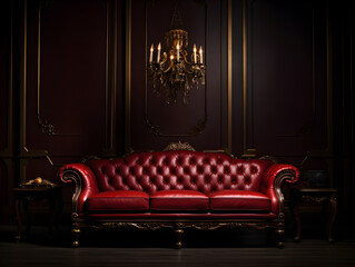 Opulent Red Leather Sofa Against a Dark Background Highlighting Luxury and Sophistication.