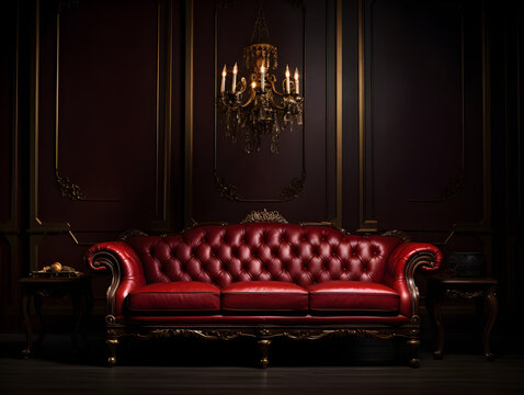 A luxurious red leather sofa in a dark, elegant room with a vintage chandelier. Perfect for showcasing classic interior design and high-end furniture.