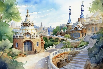 Watercolor illustration of Park Guell by Antoni Gaudi, Barcelona, Spain. Generative AI - obrazy, fototapety, plakaty