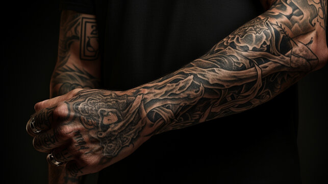 Tattooed man : A Striking Glimpse of a Handsome, Muscular Man's Face and Arm with black tribal tattoos