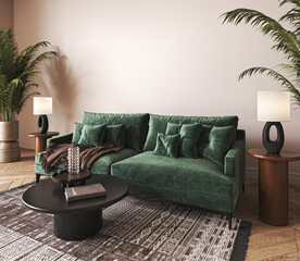 Japanese beige colorful interior with green sofa and plant. Light nature scandi filled livingroom with decor - carpet. 3d rendering mock up. High quality 3d illustration