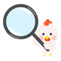 Cute little white chick holding magnifier, white chicken standing pose, front face. Isolated on white background, EPS10 vector
