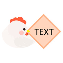 Cute little white chick bate with text memo box, sitting and laying egg, side face. Isolated on white background, EPS10 vector